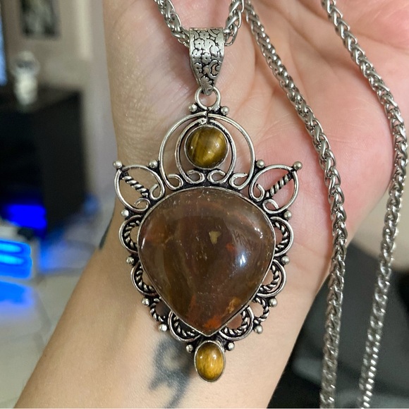 925 sterling silver overlay charm red jasper & golden brown tiger eye necklace - Picture 7 of 16
